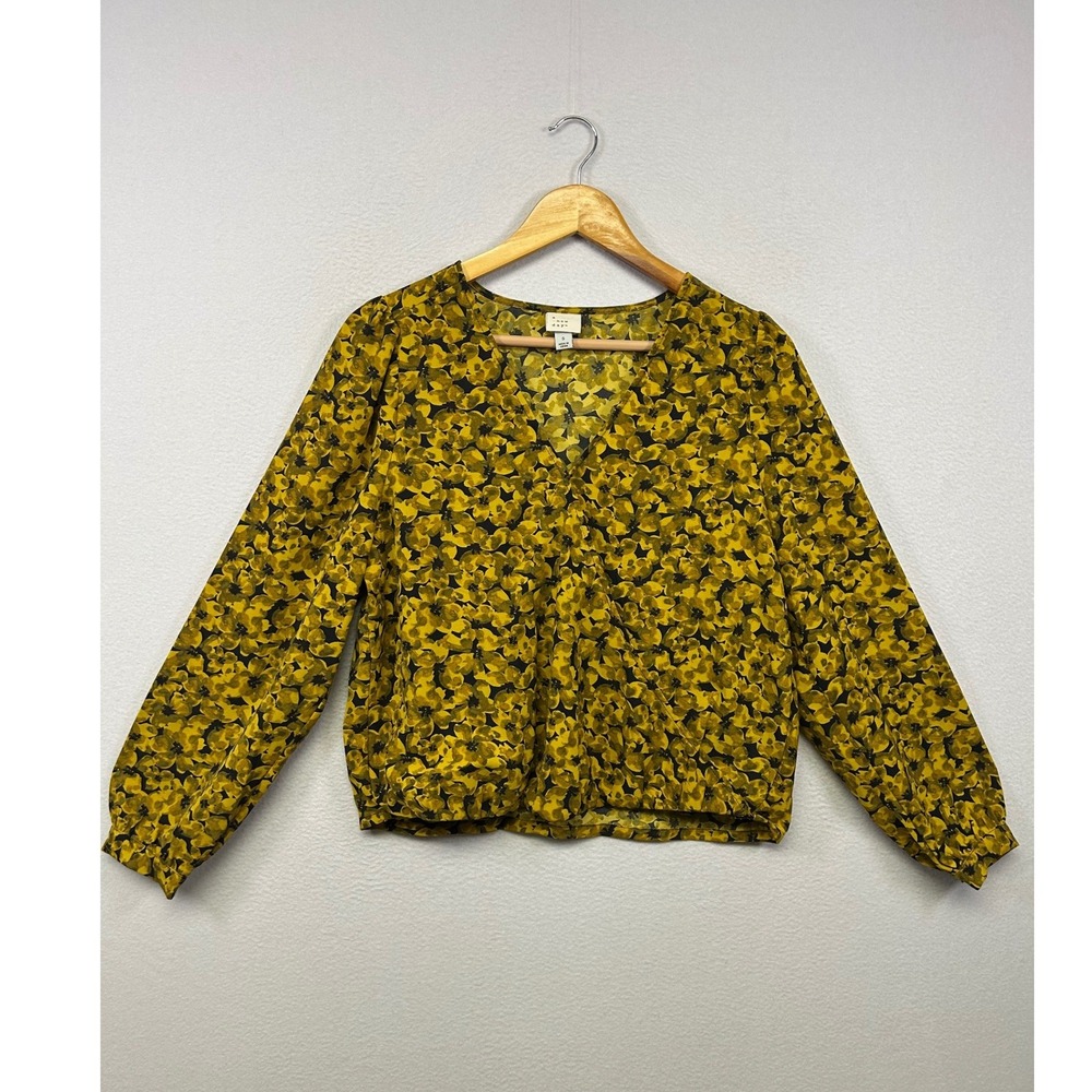 A New Day Floral Cottagecore Womens Small Yellow Surplice V-Neck Blouse Top